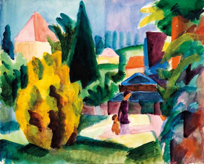 August Macke: Im Schlossgarten von Oberhofen (1914). Aquarell auf Papier. Kunstmuseum Bern, Legat Cornelius Gurlitt 2014. ©Kunstmuseum Bern.